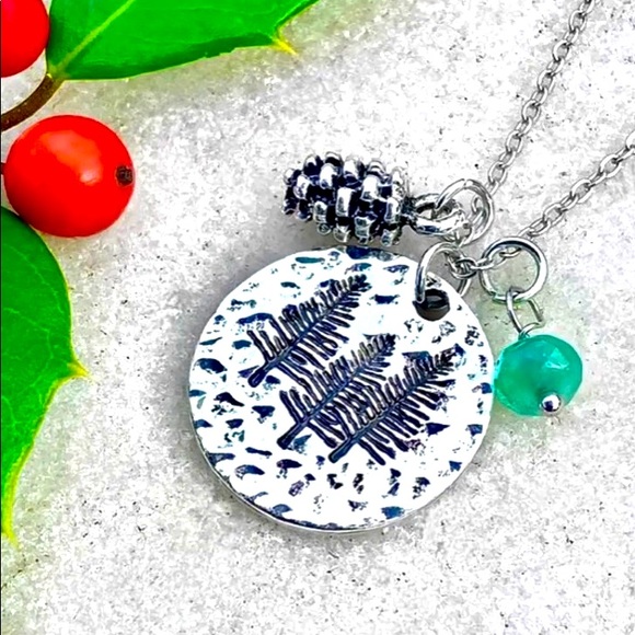 Pine Tree Necklace, silver hand stamped, new with charms, GREAT CHRISTMAS GIFT! - Picture 1 of 2